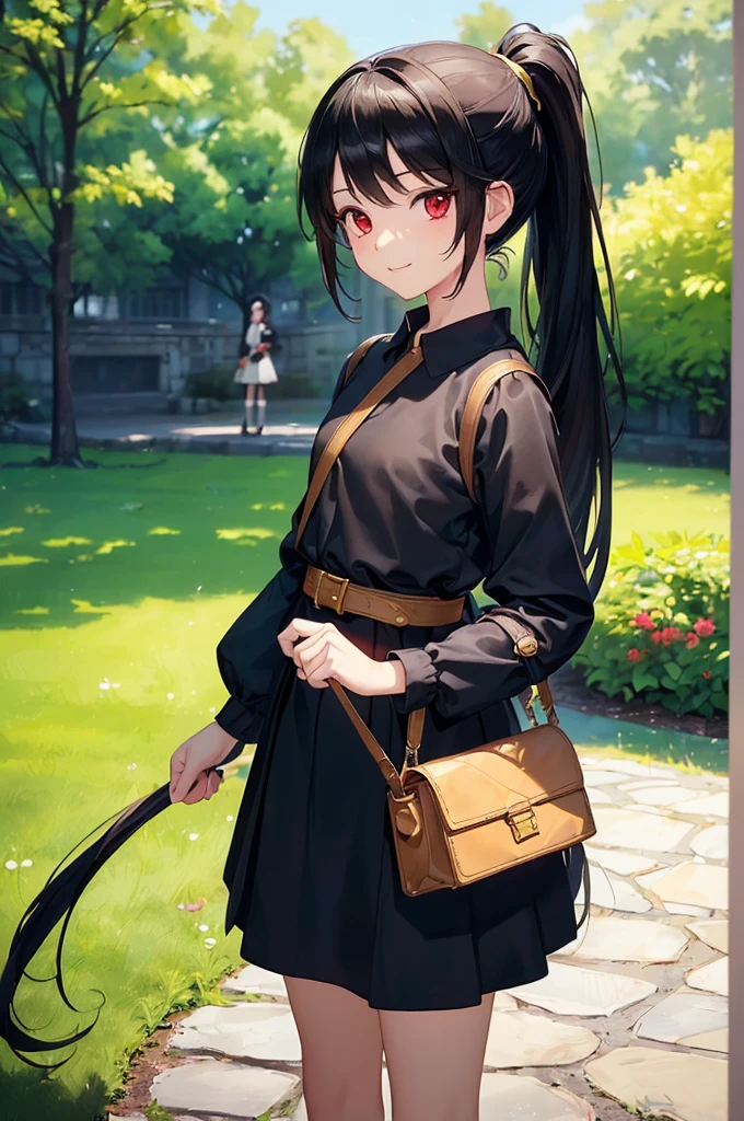 (masterpiece; best quality: 1.2), (finely detailed eyes: 1.3), ((10 year old female ???)), ((solo)), (red eyes: 1.4), (body; short, slender: 1.3), (black hair in ponytail: 1.3), (beautiful and clear background: 1.2), ((depth of field)), (clothes: wanderer mage attire + white-and-gold wide-sleeve shirt + very long black skirt + traveler pouches and satchel: 1.3), (anime illustration: 1.2), (background; garden exterior: 1.1), (extremely fine and beautiful: 1.1), (shot composition; standing + centered on torso + close-up: 1.5), (expression; calm, smile: 1.2)