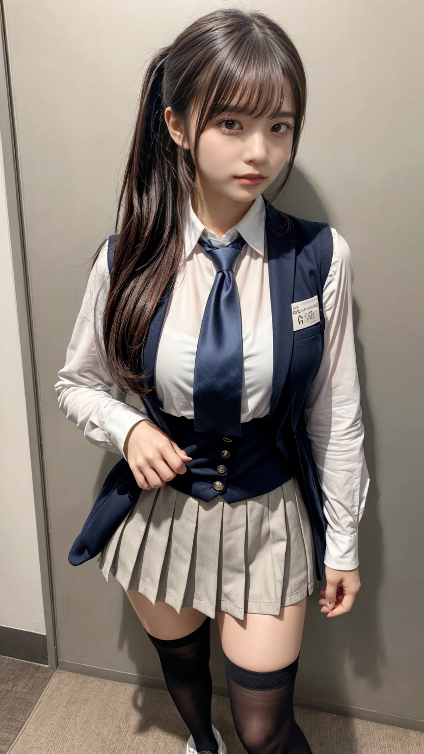 muste piece, best quality, illustration, Super detailed, fine details, High resolution, 8K,wall paper, perfect dynamic composition,(Details High quality, realistic depiction of eyes:1.3), facial features, has an extremely sexy body, with full breasts and a thin waist, and an extremely sexy body, skirt, socks, sneakers, shoes, white footwear, black socks, pleated skirt, kneehighs, white shirt, blue necktie, long sleeves, vest, collared shirt, ,has a bold look., ponytail, Long hair, black hair color, Big Natural Color Lip, perfect body shape, sexy pose, crying a little、Harajuku style、20 year old girl、cute type、lolita, hposing Gravure Idol, full body photo、focus on crotch, huge breasts, (standing)