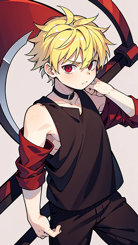 A 16 year old, he has blonde hair, and vibrant red eyes, he wears an old red shirt, and a black tank top, and carries a scythe as a weapon