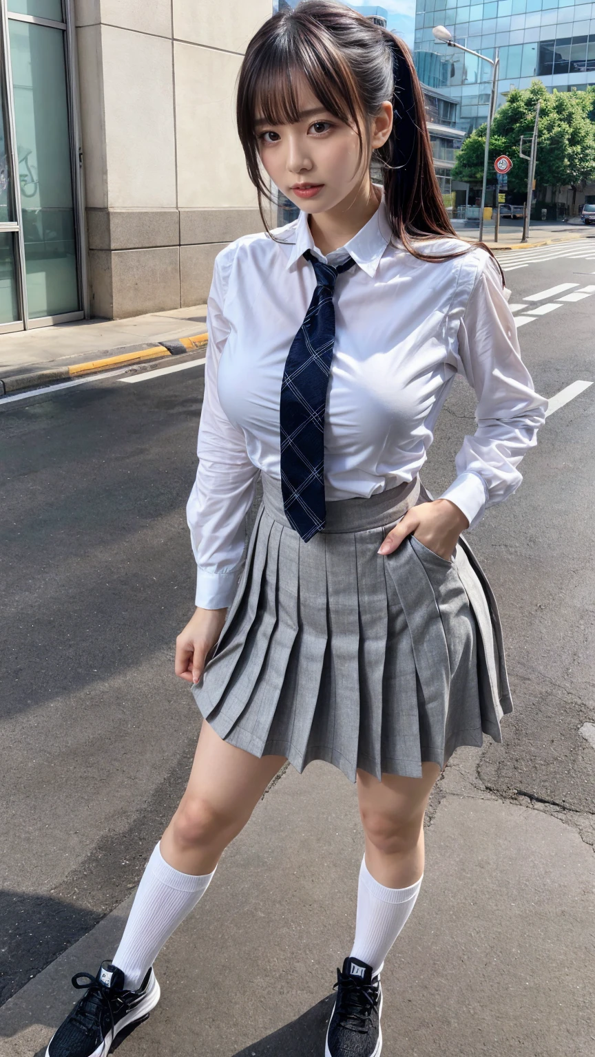 muste piece, best quality, illustration, Super detailed, fine details, High resolution, 8K,wall paper, perfect dynamic composition,(Details High quality, realistic depiction of eyes:1.3),  facial features, has an extremely sexy body, with full breasts and a thin waist, and an extremely sexy body, skirt, socks, sneakers, shoes, white footwear, black socks, pleated skirt, kneehighs, white shirt, blue necktie, long sleeves, vest, collared shirt, ,has a bold look., ponytail, Long hair, black hair color, Big Natural Color Lip, perfect body shape,  sexy pose, crying a little、Harajuku style、20 year old girl、cute type、lolita, hposing Gravure Idol, full body photo、focus on crotch, huge breasts, (standing)