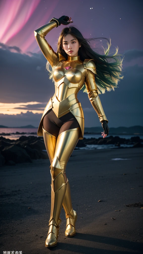 (best quality)), ((masterpiece)), (ultra detailed), ((full body shot)), indonesian girl, extremely beautiful, ultra face details, 20 years old, green curvy-hair, ((hair blown by strong winds :1.3)), Award-winning photograph, photography of a teen girl, slim face, extremely beautiful, ultra details armor, ultra details skin, sharp armor texture, crisp picture, ((full make ups)), ((pink blushing)), ((red lips)), ((wearing tight steel-armor)), ((full body armor)), ((tight latex panty)), ((thighs armor)), ((slim body shape)), (((24k-gold) and black armor)), no head cover, ((symmetrical body pose)), model posing in the middle, backlights, night at beach, full of stars, red clouds, nebula, ((aurora Borealis)), shooting stars, from below