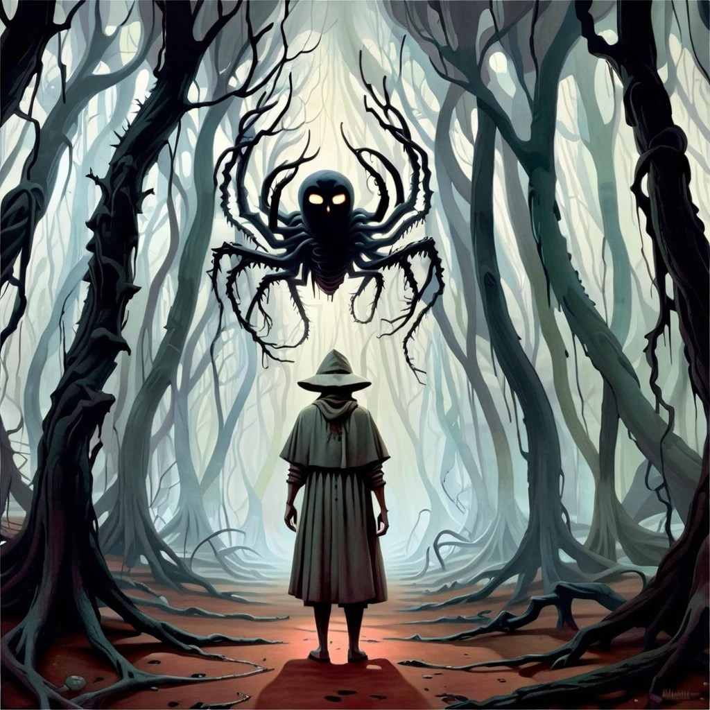 surreal-xl, absurd, bizarre, eerie, fanciful, fantastic and ludicrous, Shadow people watching us inside a dark horror forest, heroic lighting, folklore, intricate, highly detailed, lifelike, photorealistic, digital painting