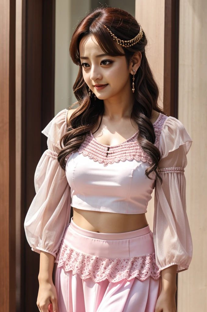 Jihyo dressed as a gypsy, with a top with sleeves and a semi transparent skirt, pale pink