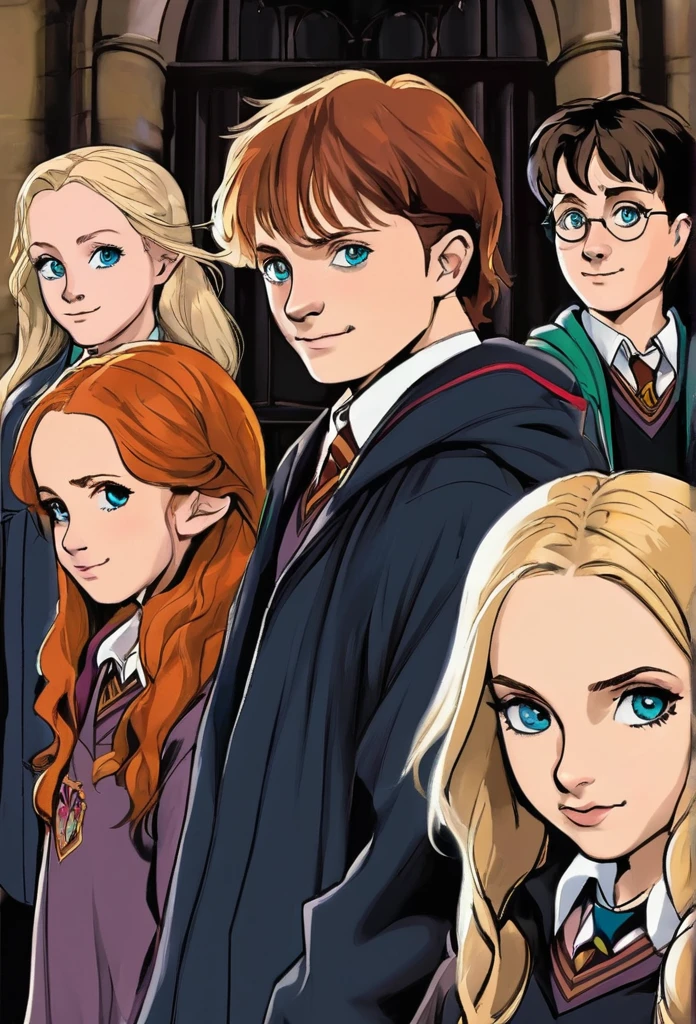 dessin de couverture Harry Potter, in foreground Harry Potter Gryffondor black hair and green eyes, Ron Weasley, redhead with brown eyes, and Hermione Granger fille, brunette, brown eyes, in the background Draco Malfoy Serpentard platinum blonde, gray eyes, Ginny Weasley fille rousse yeux marrons Gryffondor , In the last shot Luna lovegood fille blue eyes and dark blond hair and Neuville Londubat garçon blond yeux marrons Gryffondor