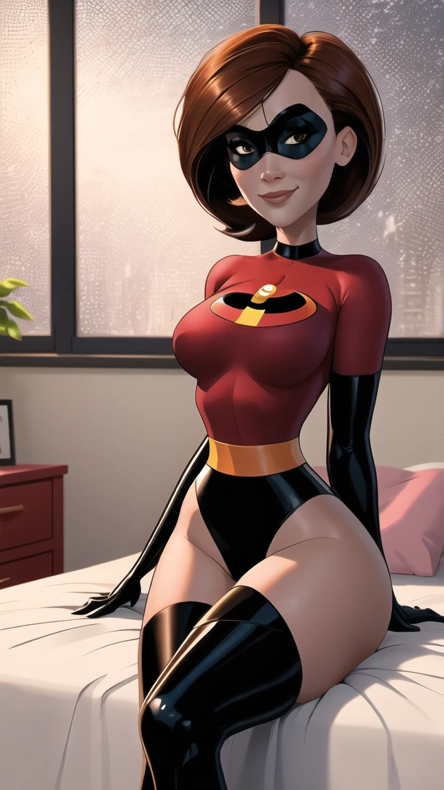 (masterpiece), best quality, depth of field, 1girl, solo, looking at viewer, smilling,breasts, helenparr, domino mask, mask, bodysuit, elbow gloves, thighhighs, thigh boots, wide hips, sitting on bed edge, legs crossed, at the 's bedroom