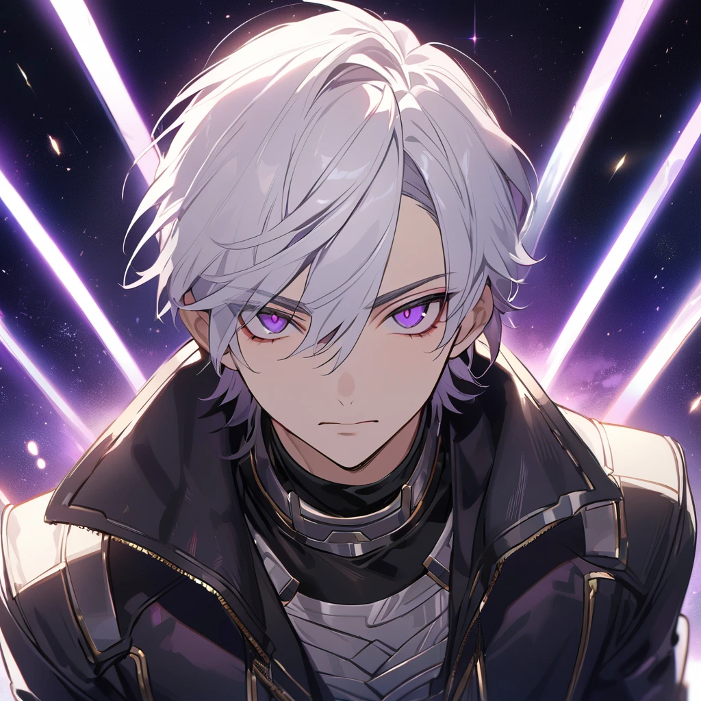 High quality, HD, 4k, no shadows, handsome male, 1male, 17 years old, teenager, golden lining, short white hair, sharp eyes, dark purple eyes, deep purple eyes, devil may cry, close up, calm expression, stoic expression, black leather clothes, white leather clothing, lean body, well trained body, upper body, looking at viewer, cowboy shot, white solar, space background