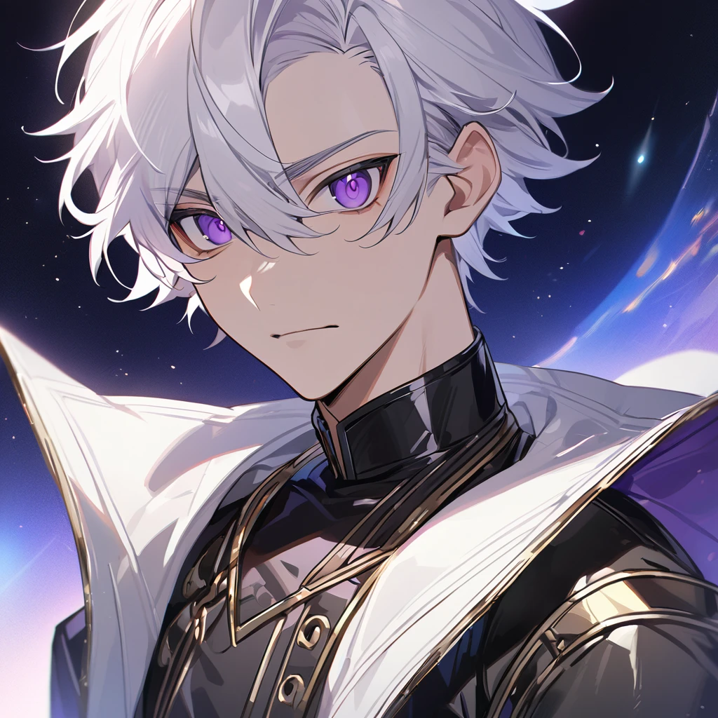 High quality, HD, 4k, no shadows, handsome male, 1male, 17 years old, teenager, golden lining, short white hair, sharp eyes, dark purple eyes, deep purple eyes, devil may cry, close up, calm expression, stoic expression, black leather clothes, white leather clothing, lean body, well trained body, upper body, looking at viewer, cowboy shot, white solar, space background