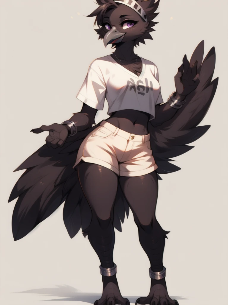 By fumiko, by hyattlen, an Anthropomorphic avian crow girl, female, black birds crest on head, black bird ears, small grey beak, tall, black body, standing, white background, purple eyes, hands with five fingers, wearing white shirt, white short shorts, silver bracelets, full body shot, 