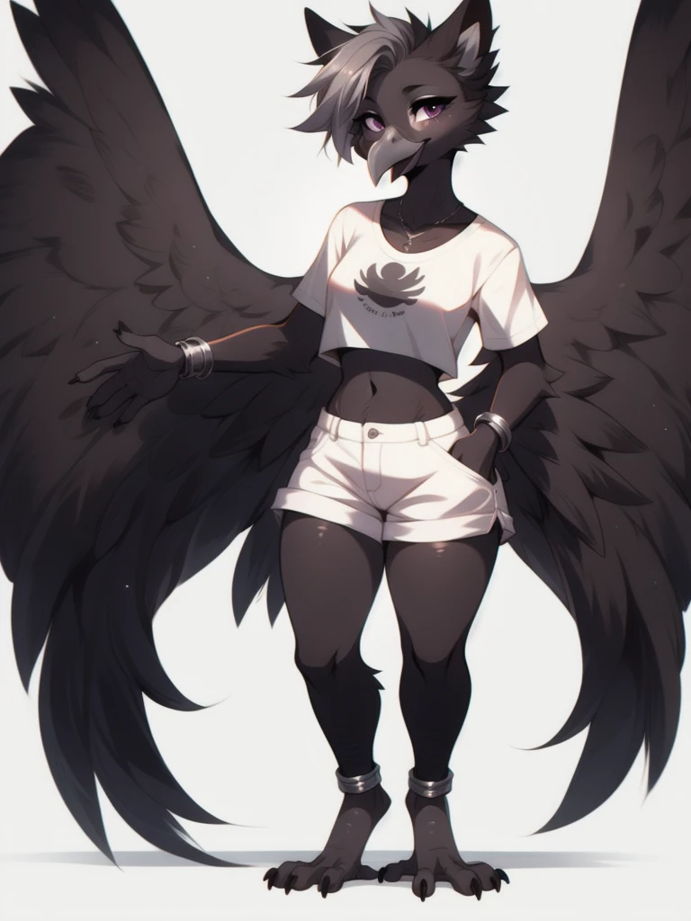By fumiko, by hyattlen, an Anthropomorphic avian crow girl, female, black birds crest on head, black bird ears, small grey beak, tall, black body, standing, white background, purple eyes, hands with five fingers, wearing white shirt, white short shorts, silver bracelets, full body shot,