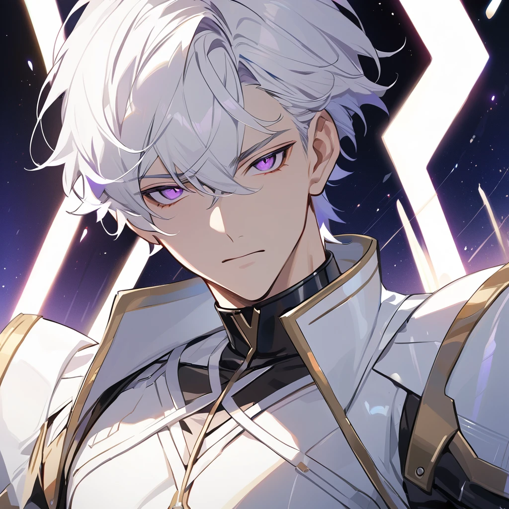 High quality, HD, 4k, no shadows, handsome male, 1male, 17 years old, teenager, golden lining, short white hair, sharp eyes, dark purple eyes, deep purple eyes, devil may cry, close up, calm expression, stoic expression, black leather clothes, white leather clothing, lean body, well trained body, upper body, looking at viewer, cowboy shot, white solar, space background