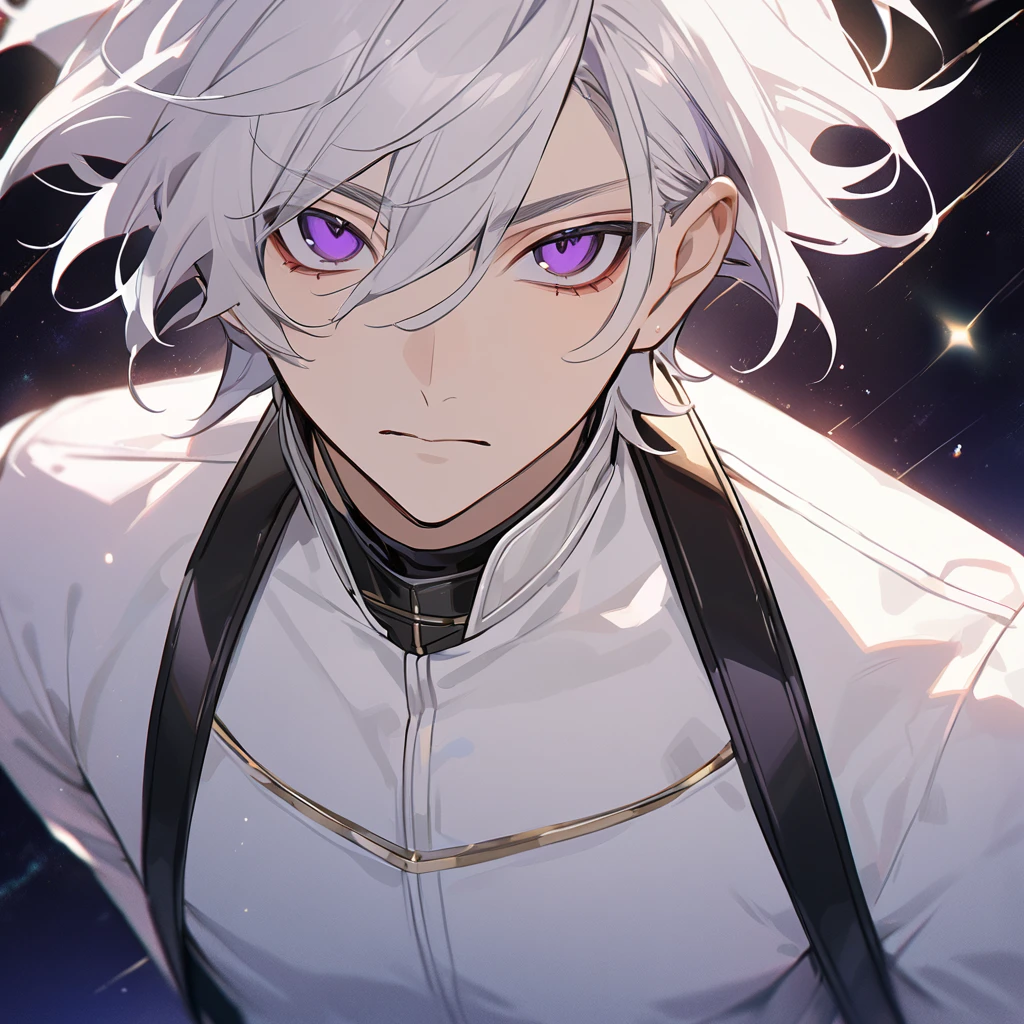 High quality, HD, 4k, no shadows, handsome male, 1male, , teenager, go lining, short white hair, sharp eyes, dark purple eyes, deep purple eyes, devil may cry, close up, calm expression, stoic expression, black leather clothes, white leather clothing, lean body, well trained body, upper body, looking at viewer, cowboy shot, white solar, space background