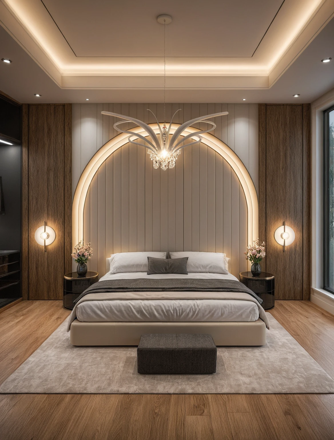 Raw photo,Masterpiece, high quality, best quality, authentic, super detail, interior, ((girl's bedroom)), ((style modern luxury)), sunset, day light, bed, carpet, curves, bedside cabinets, wood floor ,wardrobe, led, flower vase, butterfly chandelier , windows, downlight, ((tone black))