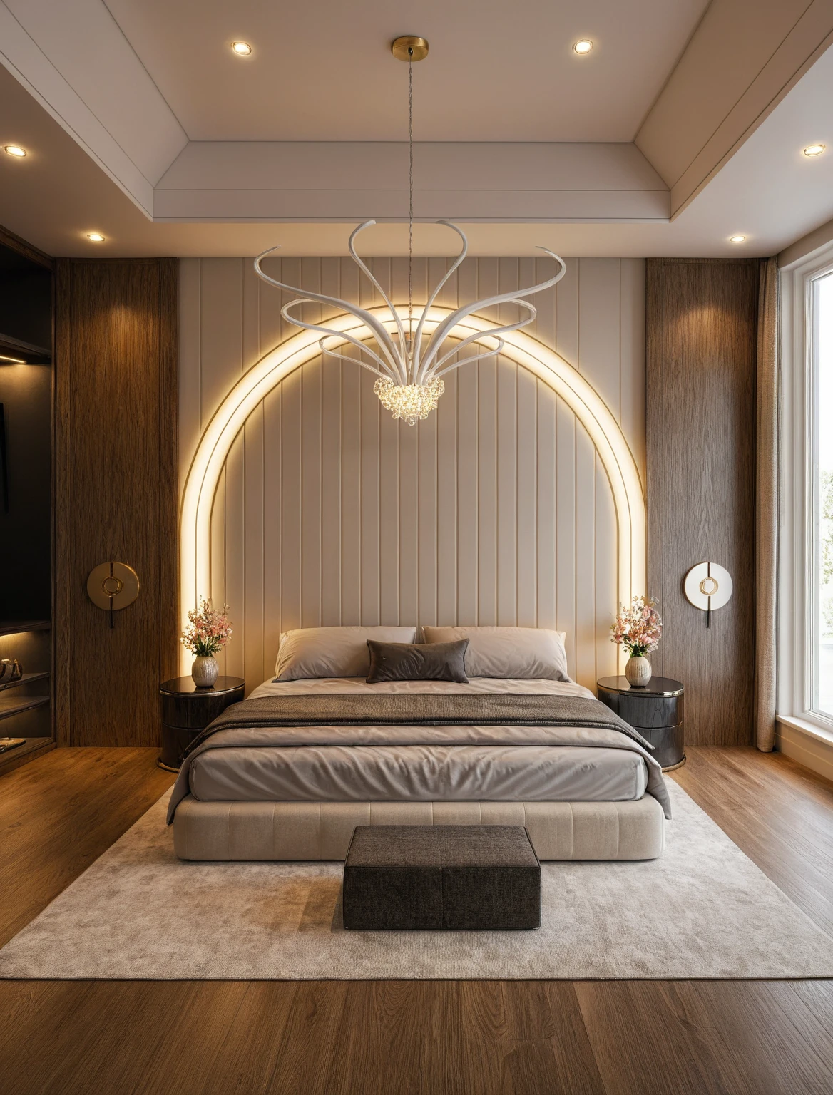 Raw photo,Masterpiece, high quality, best quality, authentic, super detail, interior, ((girl's bedroom)), ((style modern luxury)), sunset, day light, bed, carpet, curves, bedside cabinets, wood floor ,wardrobe, led, flower vase, butterfly chandelier , windows, downlight, ((tone black))