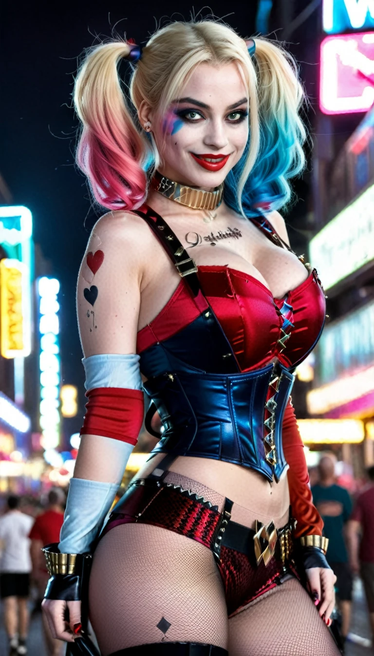 Create a realistic image of a woman, (large breasts), view from behind, athletic build, hourglass figure, dressed as a Harley Quinn-inspired character, psychotic smile. She has blonde hair styled in two pigtails, with the ends dyed red and blue. She wears a red and black corset top with lace-up detailing, red shorts, and a choker necklace. She has amazing legs. Her makeup includes bold eye colors matching her hair and a small heart on her cheek. The background is a vibrant city street at night, with neon lights and a bustling crowd of people. The overall atmosphere is edgy and dynamic, capturing a playful yet mischievous vibe. (Wide angle distant full body view from behind:1.6). Hyper realistic photo, vibrant colors, 16k