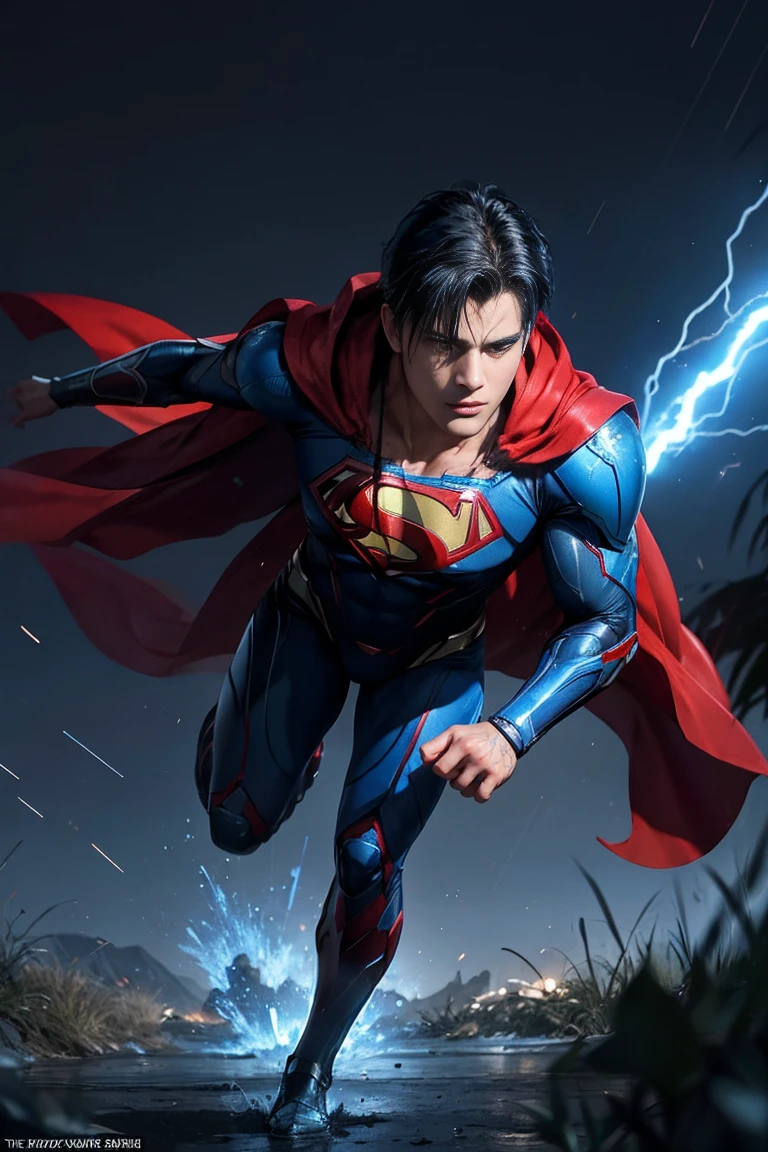 Advance armored superman, red hood and cape, background dark space battlefield, heavy rain, blue short hair, blue glowing beautiful eyes, (full body shot), blue glowing lined simple armor plate, dark environment, high detailed face, Advance mask, intense war,
