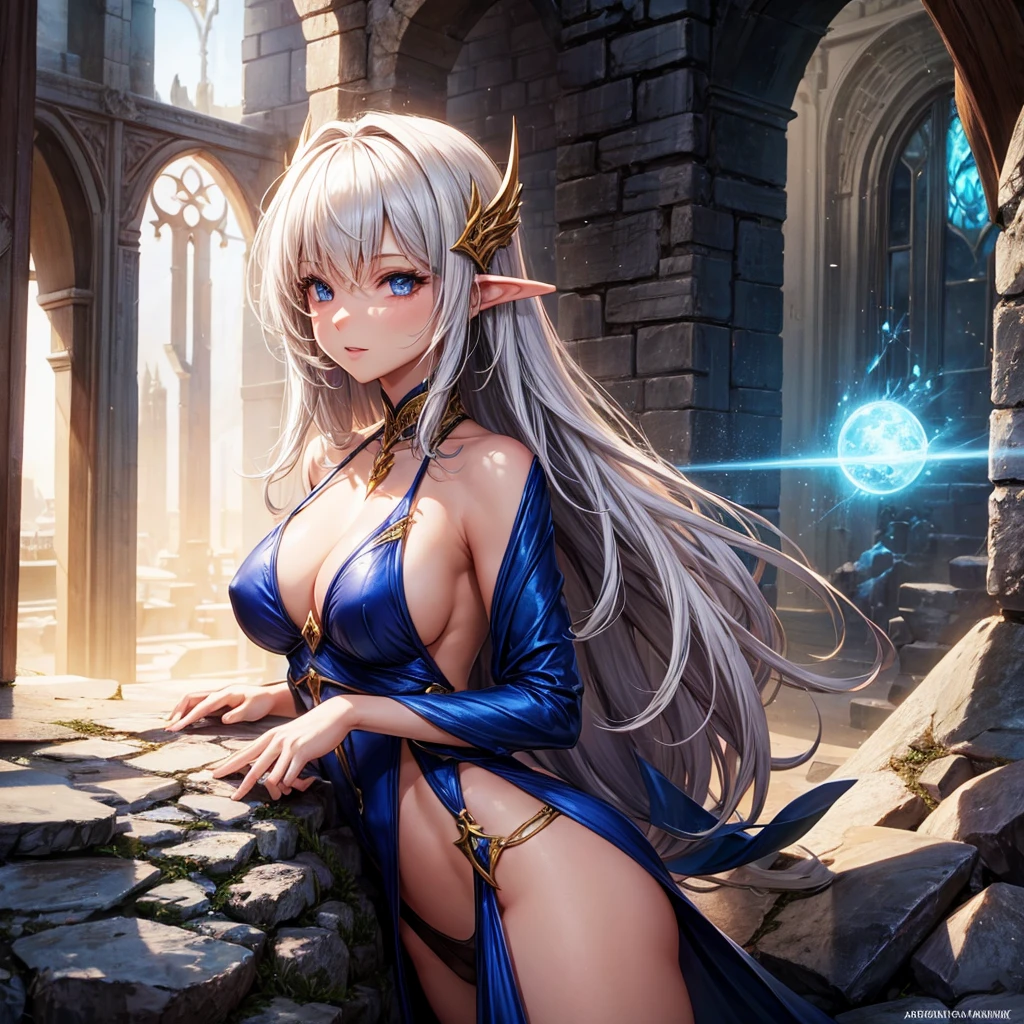 Fantasy setting, y Female wizard, skimpy dress, skinny, aroused