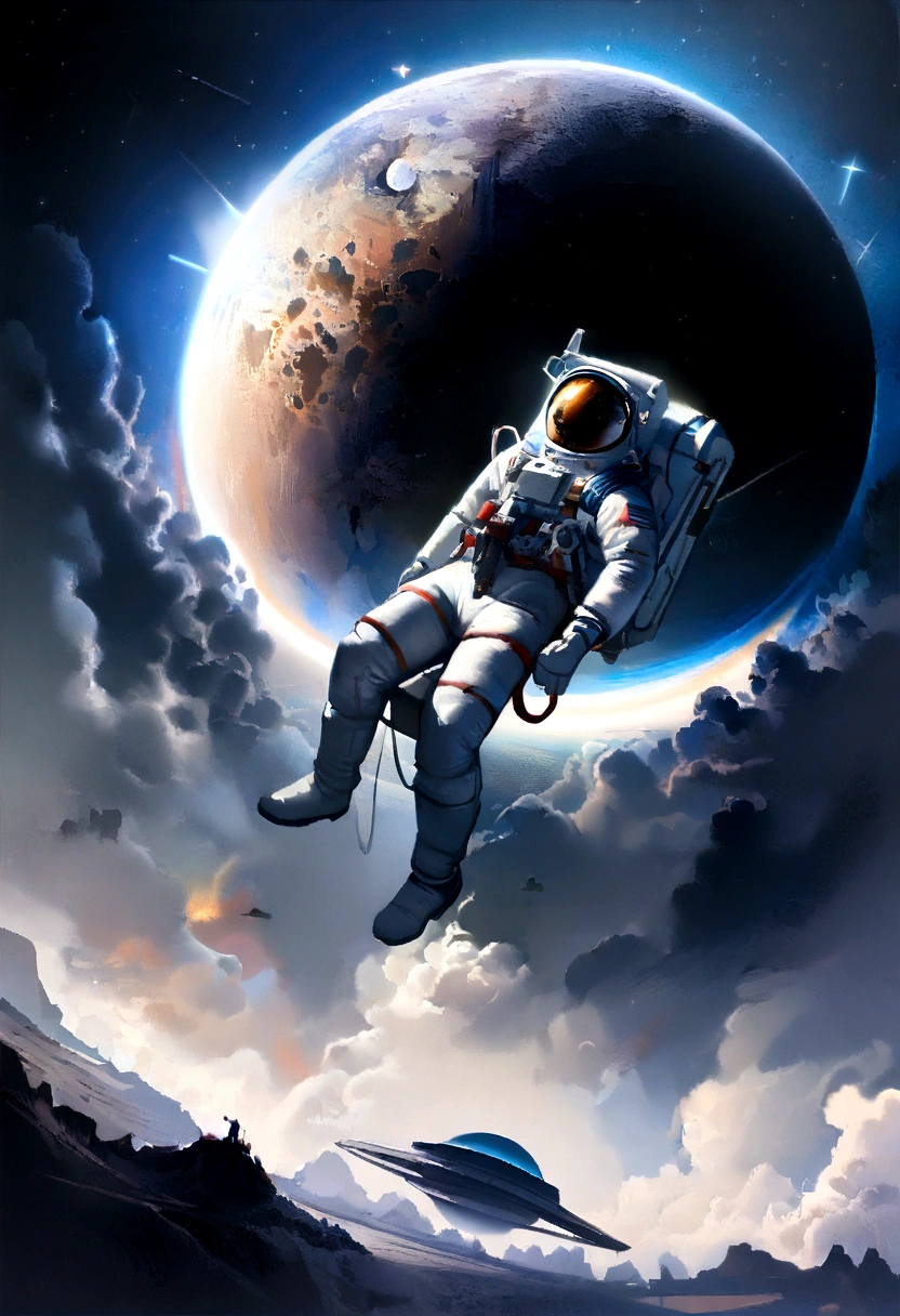 (best qualityer,4K,8K,A high resolution,work of art:1.2),(realisitic, fotorrealisitic, fotorrealisitic:1.37), astronaut fall down in space, in the background we have a black hole and some stars, science fiction, Retro-futuristic technology,Starry fog,exploration,adventure,mystery,galactic environment,exalted,Heroin isolated,Interstellar travel,dramatic contrast,distant planets,majestic face,Sci-fi fashion,Smoke and fog effects,contrasting textures,timeless beauty
