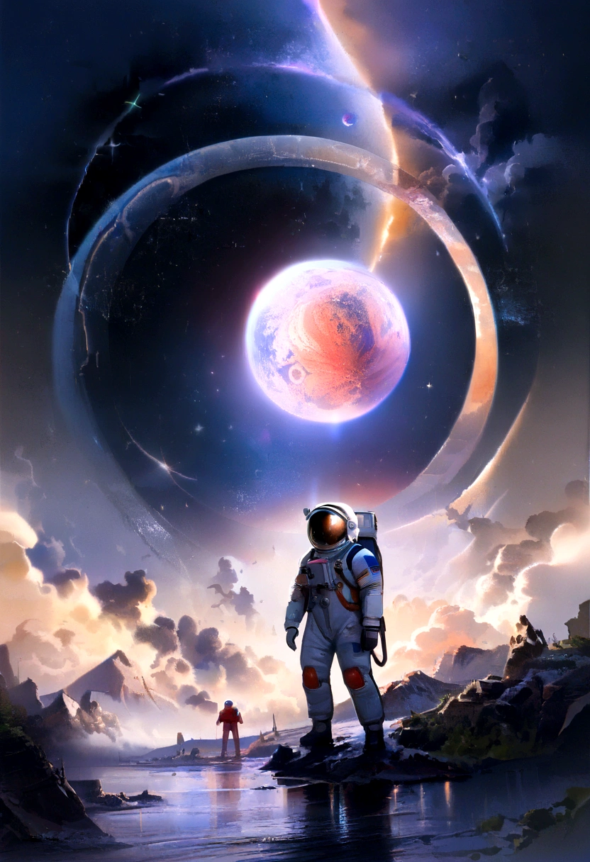 (best qualityer,4K,8K,A high resolution,work of art:1.2),(realisitic, fotorrealisitic, fotorrealisitic:1.37), astronaut fall down in space, in the background we have a black hole and some stars, science fiction, Retro-futuristic technology,Starry fog,exploration,adventure,mystery,galactic environment,exalted,?????? isolated,Interstellar travel,dramatic contrast,distant planets,majestic face,Sci-fi fashion,Smoke and fog effects,contrasting textures,timeless beauty