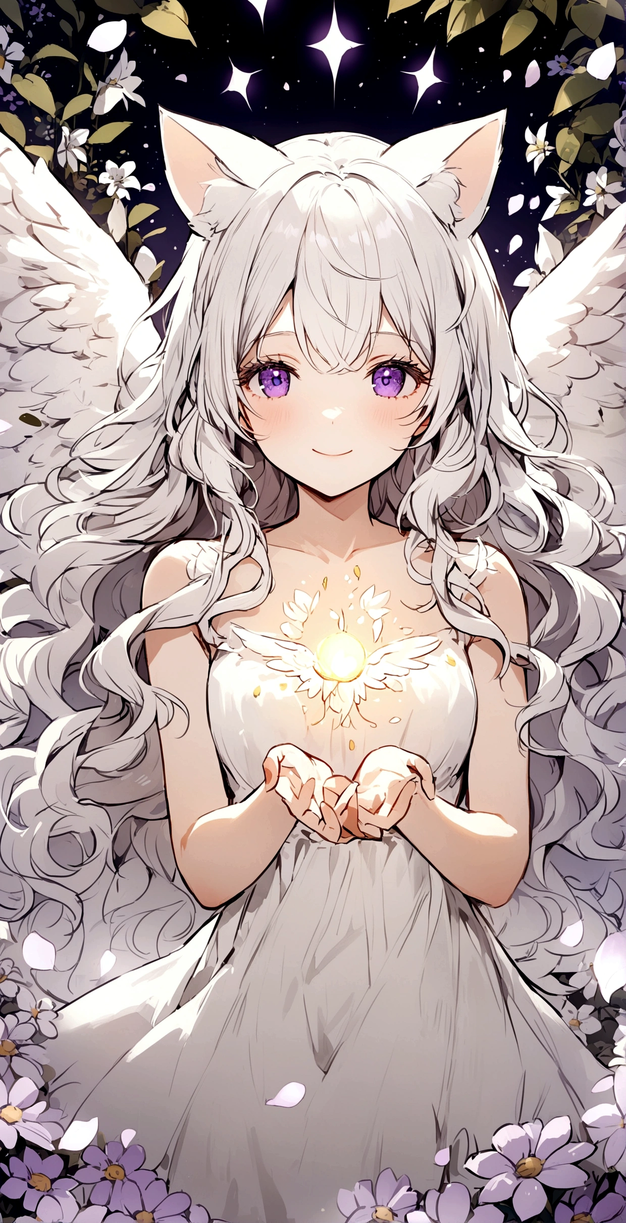 smile,Long Wavy Hair,White hair is very attractive, Detailed and precise manual work, Attractive girl, White cat ears,Purple eyes and white eyelashes,light in your eyes,Big angel wings,A subject that stands out in a flower field, Petals fluttering,White delicate dress, Hand-drawn illustration