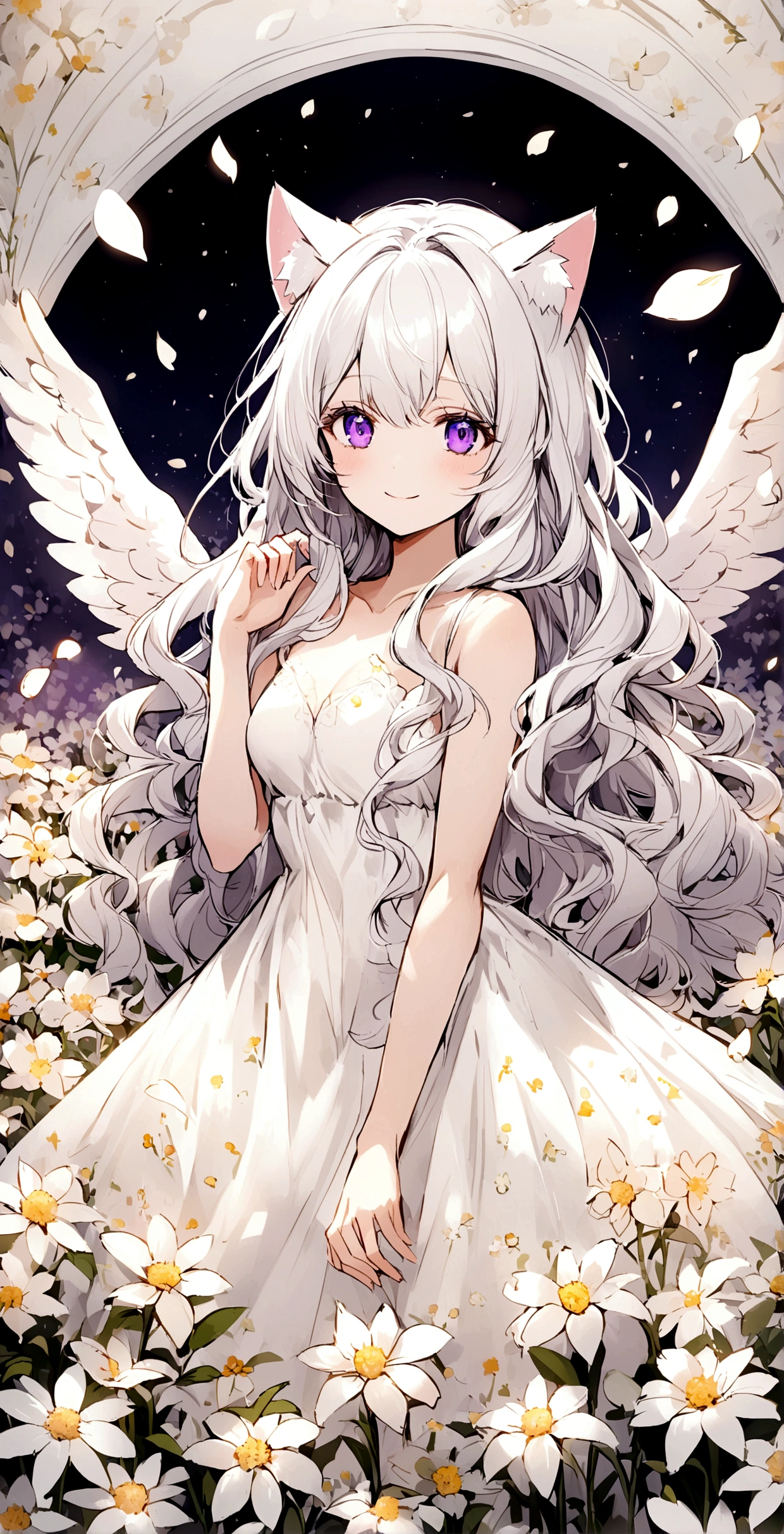 smile,Long Wavy Hair,White hair is very attractive, Detailed and precise manual work, Attractive girl, White cat ears,Purple eyes and white eyelashes,light in your eyes,Big angel wings,A subject that stands out in a flower field, Petals fluttering,White delicate dress, Hand-drawn illustration