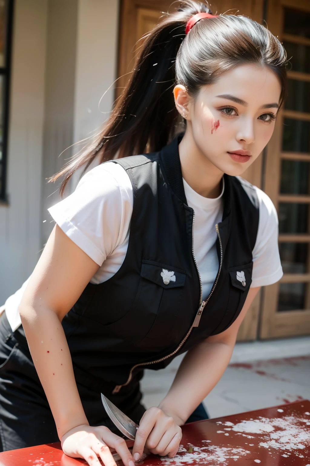 Beautiful Woman, knife, blood splashed, blood splashing, hair  long pony style, SWAT vests