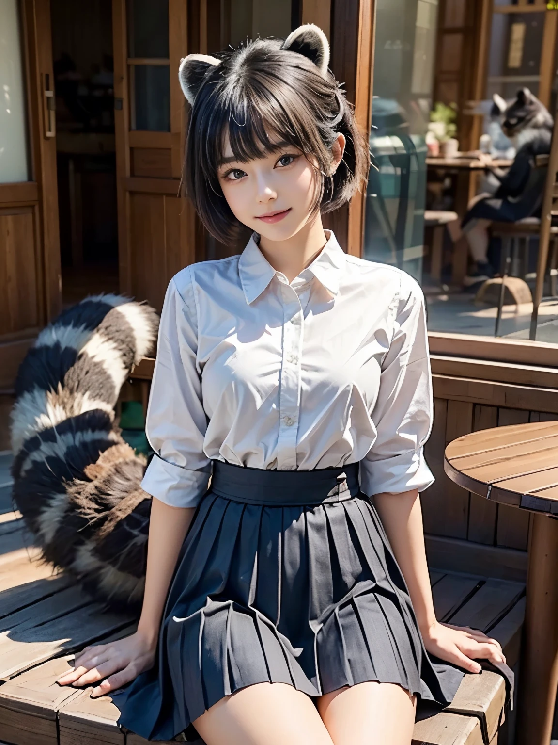 ((Highest quality, 32k)), ((masterpiece)), (Familiar), Perfect Face, pretty girl, She is sitting on the terrace of a cafe in the city., She is relaxing and drinking tea, She has a bushy tail on her butt, She has a fluffy tail, Beautiful hip line, Small breasts, She is wearing a neat blouse and pleated skirt., A bushy tail is visible from under her skirt,, Slender body, Her tail sticks out from under her skirt, (A single raccoon tail protrudes from the inside of her skirt.:1.4), The base of her tail is hidden under her skirt., She is gently stroking her tail
