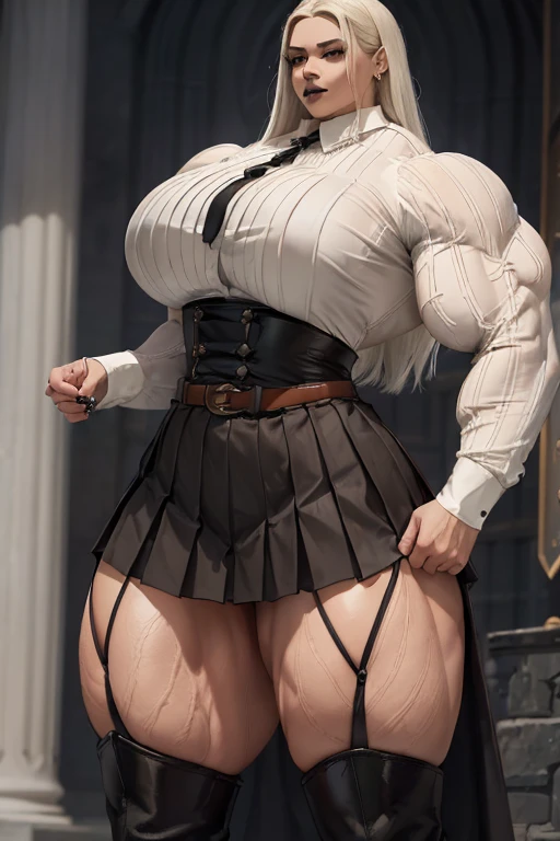((((Massive tall, beautiful, buff, light brown skinned muscular woman with white hair, black lipstick, ginormous bulky muscles and wearing a white long sleeve pleated shirt with beautiful long pleated skirt)))), (close view), (massive muscles), long straight hair, ((chained belt)), blue eyes, choker, ((white long sleeve pleated shirt and tie)), neck tie, ((beautiful long pleated skirt)), belt, thigh high socks, black boots, (in Hogwarts), closed smile, night, massive muscles