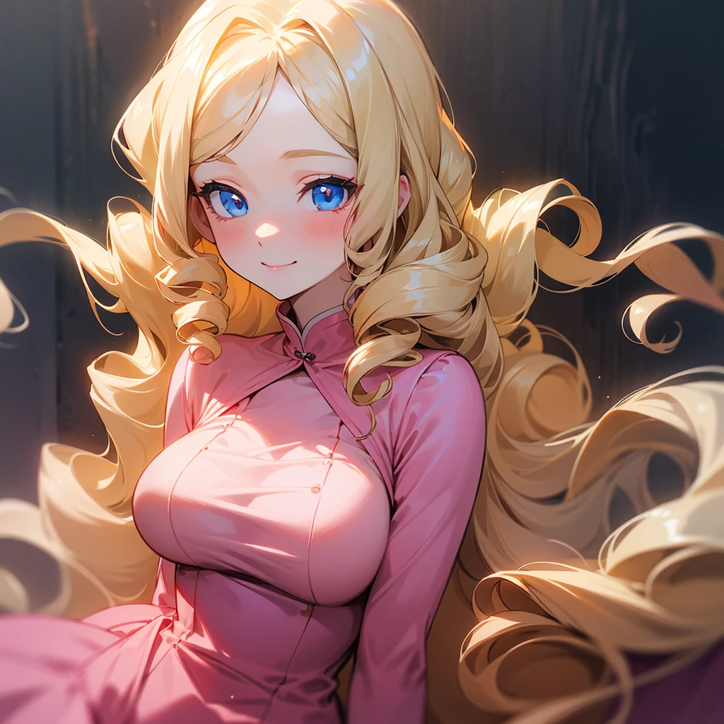 A portrait of a mature woman with very long BLONDE wavy hair and drill curls, side-swept bangs, blue eyes, pale skin, big breasts, shy smile, blushing skin, pink dress, in a florest
