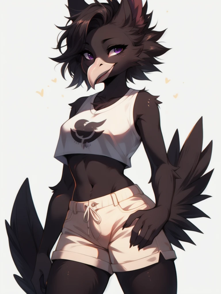 By fumiko, by hyattlen, an Anthropomorphic avian crow girl, female, black birds crest on head, black bird ears, small grey beak, tall, black body, standing, white background, purple eyes, hands with five fingers, wearing white shirt, white short shorts,