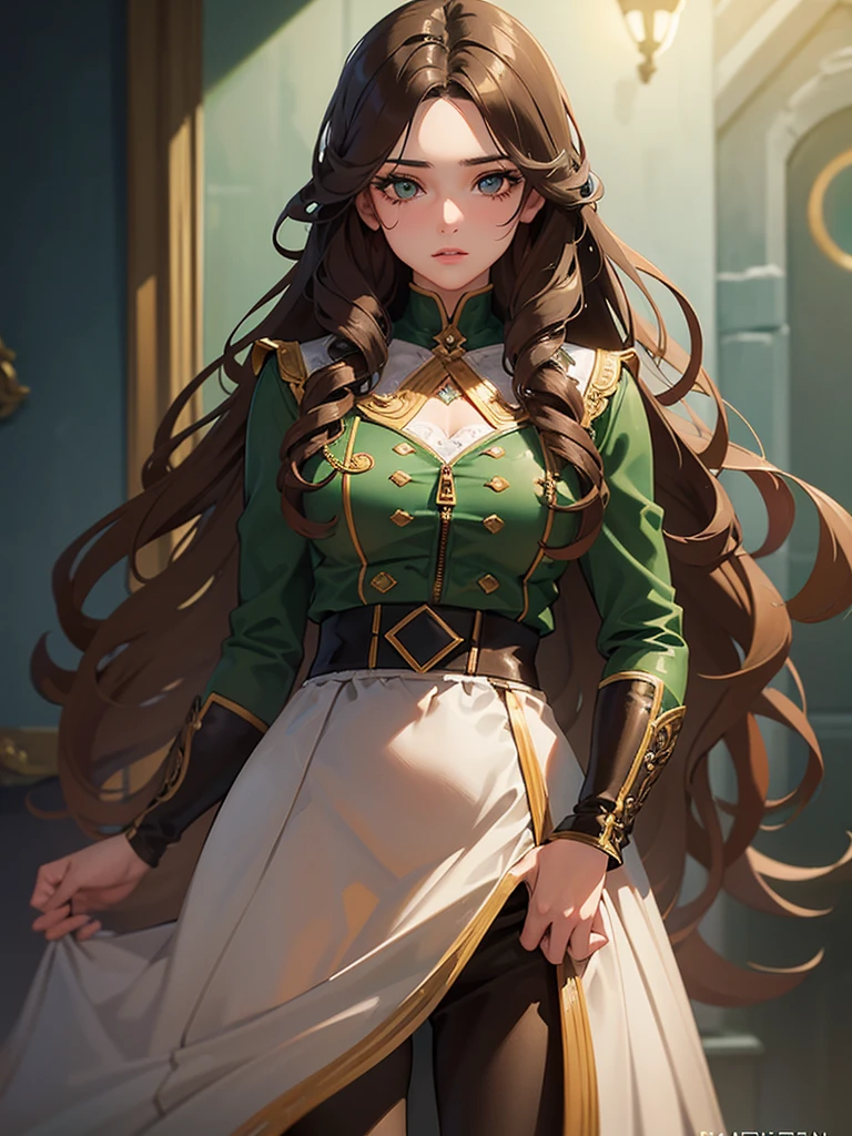 a girl with long wavy brown hair, beautiful detailed eyes, beautiful detailed lips, extremely detailed face, long eyelashes, green zipper jacket, brown pants, moody expression, flushed, 1girl, high quality, 8k, photorealistic, masterpiece, studio lighting, vibrant colors, dramatic lighting, cinematic