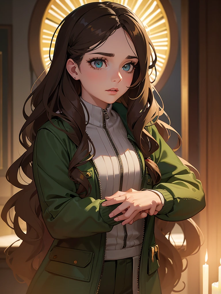 a girl with long wavy brown hair, beautiful detailed eyes, beautiful detailed lips, extremely detailed face, long eyelashes, green zipper jacket, brown pants, moody expression, flushed, 1girl, high quality, 8k, photorealistic, masterpiece, studio lighting, vibrant colors, dramatic lighting, cinematic