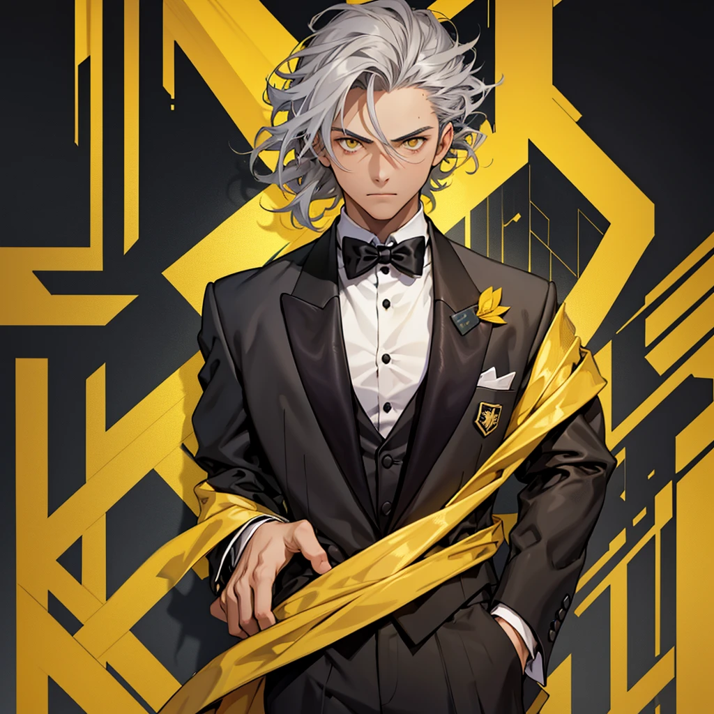 A 15 year old boy, only a one boy, weak body, fragile body, no muscles, big gray hair, gray hair, big hair, yellow eyes, suit, wearing a black suit, tuxedo, wearing tuxedo, medieval background , Ultra HD 4k, 4k, Ultra HD