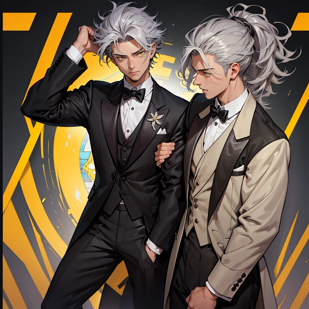 A 15 year old boy, only a one boy, weak body, fragile body, no muscles, big gray hair, gray hair, big hair, yellow eyes, suit, wearing a black suit, tuxedo, wearing tuxedo, medieval background , Ultra HD 4k, 4k, Ultra HD