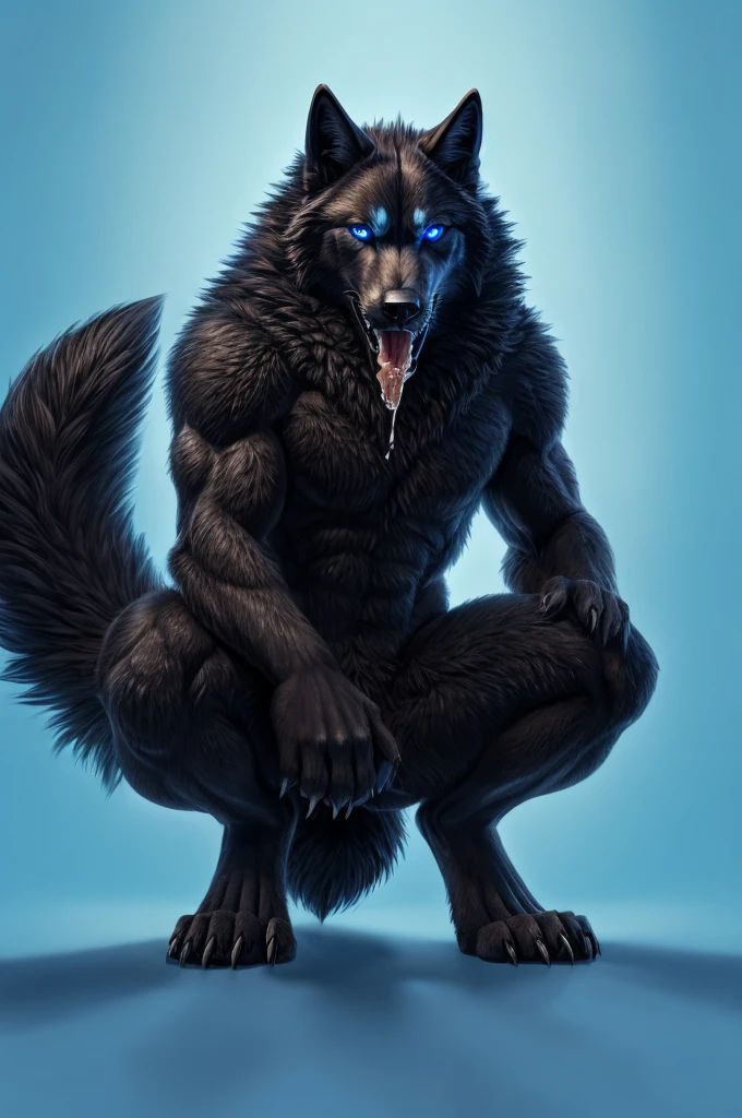 Perspective from below black wolf naked male furry legs apart looking down blue background squat pose blue eyes serious look claws on knees fluffy tail scars growling salivating
