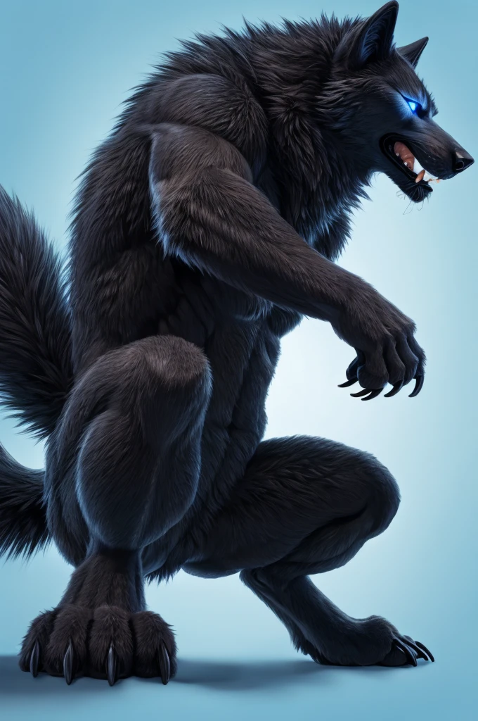 Perspective from below black wolf naked male furry legs apart looking down blue background squat pose blue eyes serious look claws on knees fluffy tail scars growling salivating