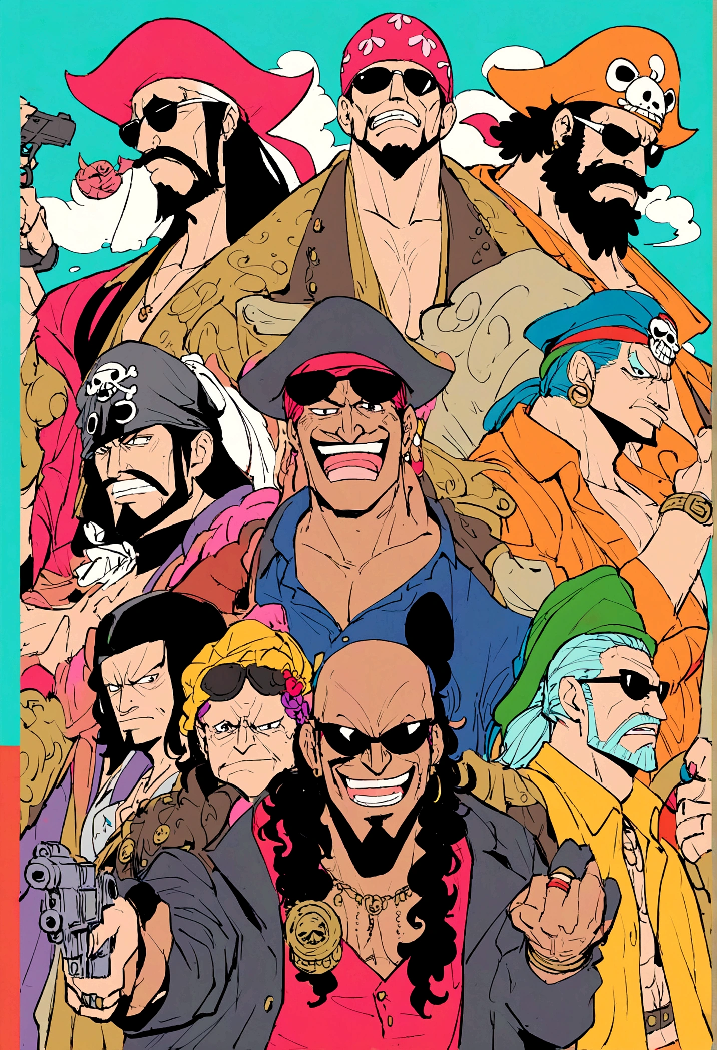 anime、one piece、Four Emperors、pirate、Blackbeard、Nose corners、Gatai is good、sunglasses、Bad guy、gun、sake、Second Dimension、Long Hair、ring、hat、yellow