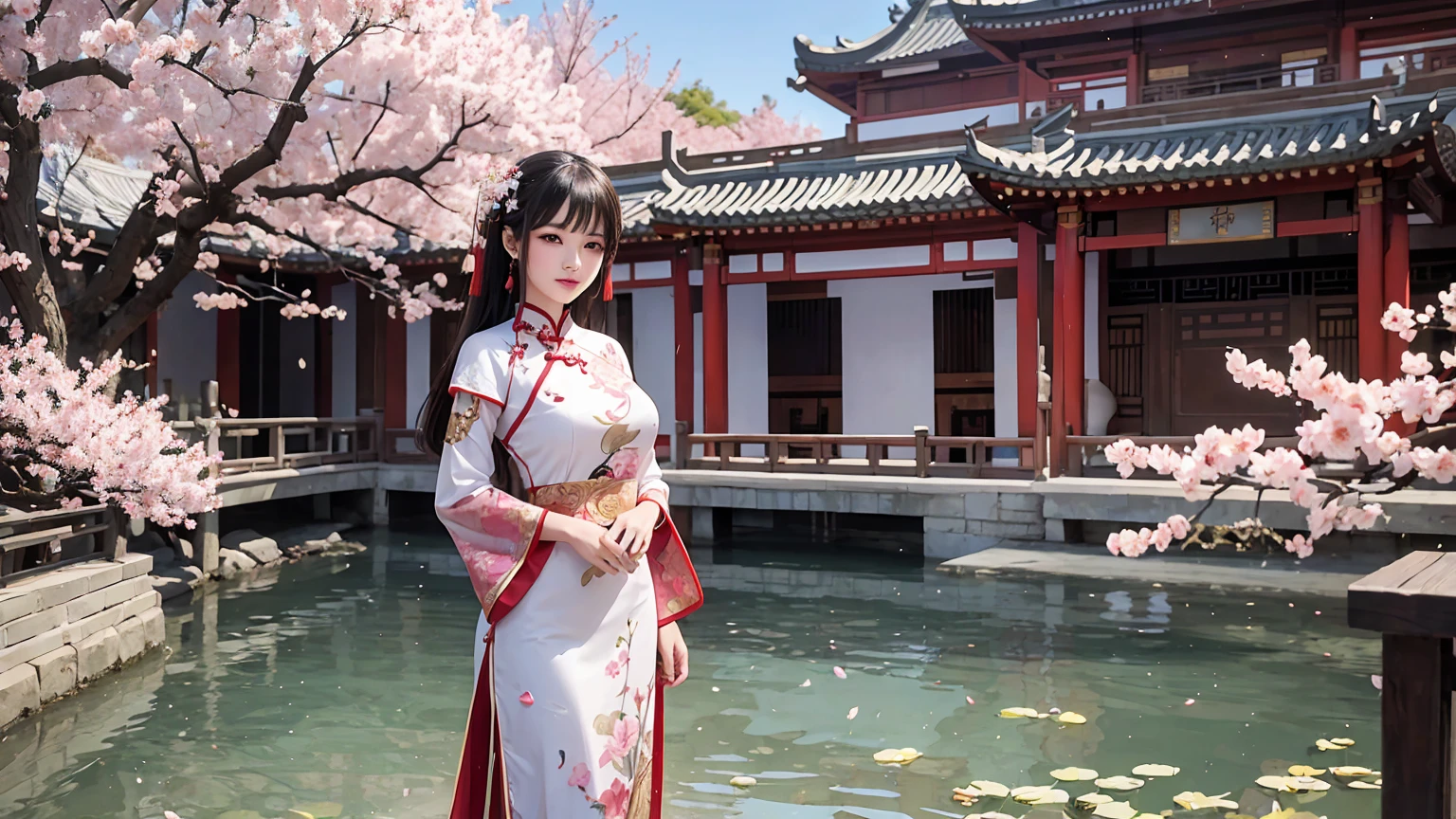 beautiful girl in cheongsam armor standing in a traditional chinese garden with cherry blossom, high quality render, extremely detailed