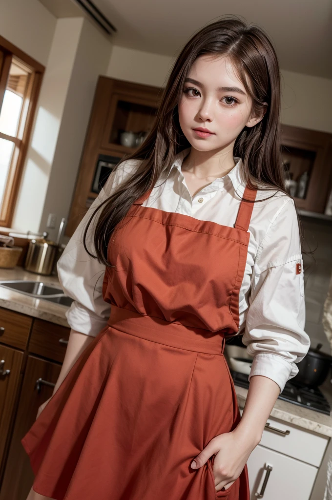 creates a girl in the kitchen of a millionaire house, the half-white girl with brown hair dressed in a red skirt taken with a professional camera