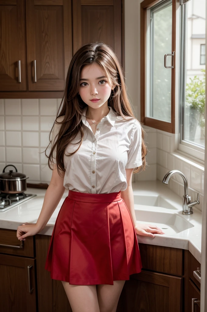  creates a girl in the kitchen of a millionaire house, the half-white girl with brown hair dressed in a red skirt taken with a professional camera