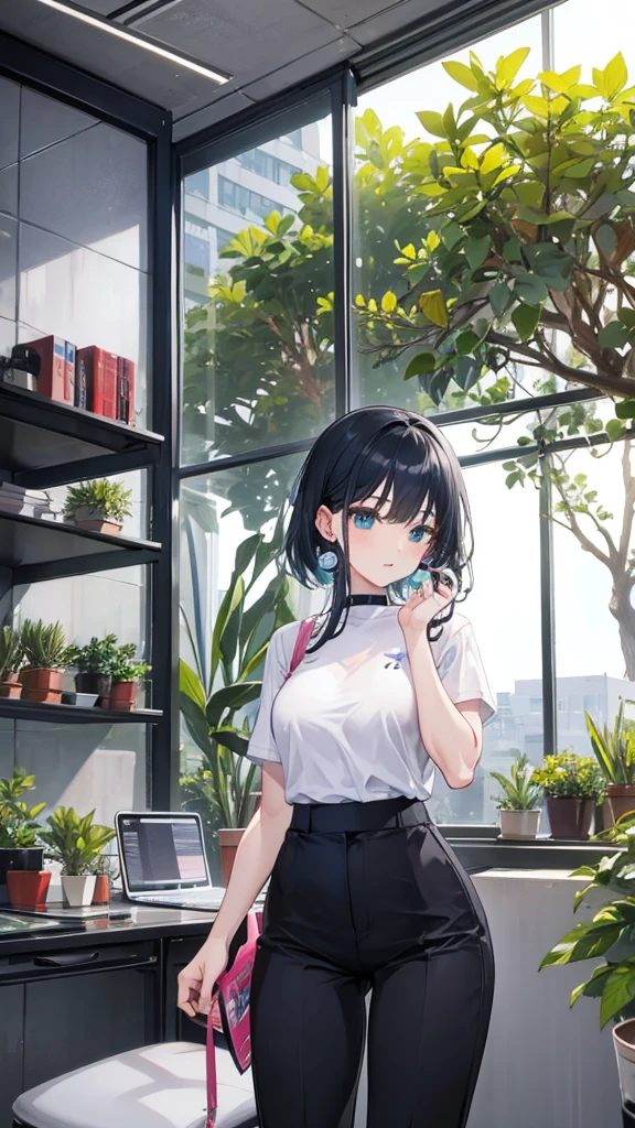 Modern Anime, Coworking Space, Wireless Earphones, Cropped trousers, succulent plants