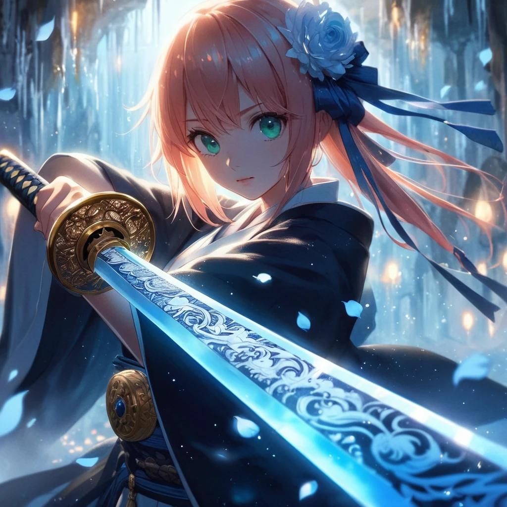 High resolution depiction, assassin peach-haired green-eyed girl holding a huge battle katana in both hands, huge katana, detailed katana, blue and white katana. The katana has a precise pattern carved into it and emits a blue light. She points the tip of the katana towards the viewer. In the background, a glittering light spreads in the cave, and the falling blue petals create a fantastic atmosphere. Out of focus, out of foreground. Soft brushstrokes like watercolors, delicate line drawing anime, multiple cels are layered to create the texture of ink. Quality drawn by detailed work like pinpricks