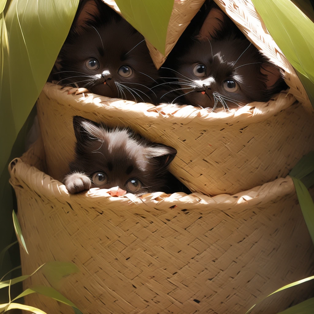 Black cat kitten、Long beard、Only the face appears from the small hole