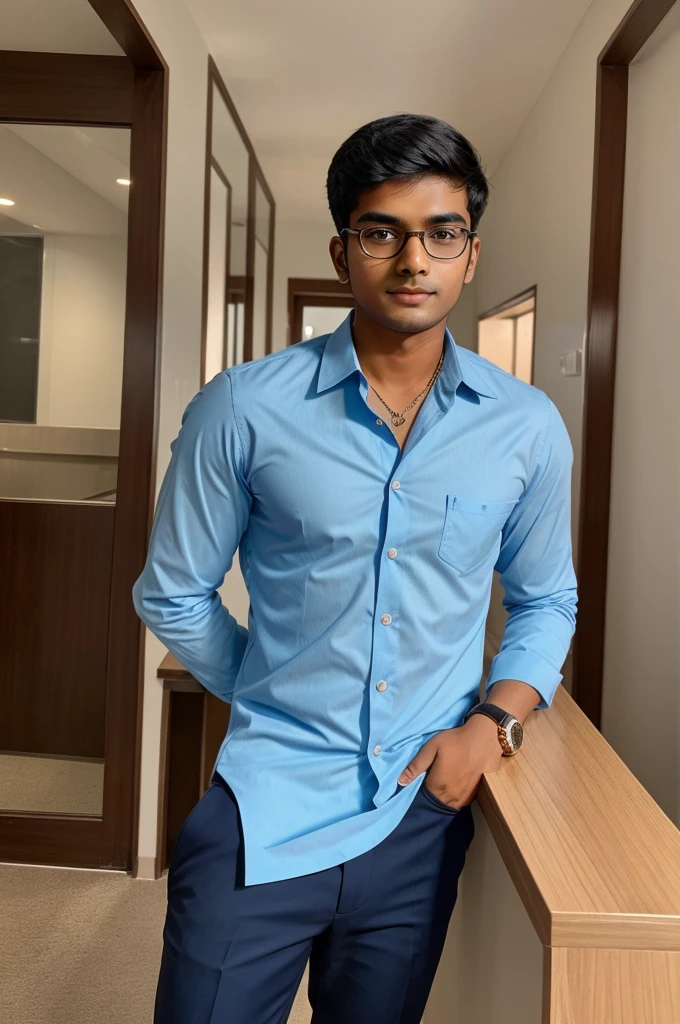 21 year old indian boy With fair skin Wearing spectacles and narrow body Posing for a linkedin picture in formals