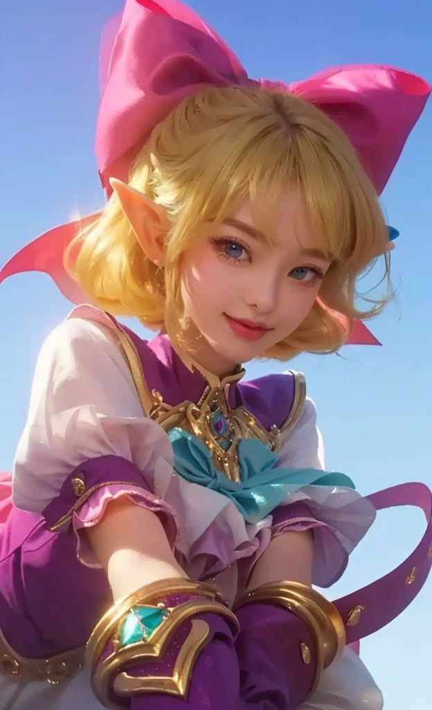 a young girl with a pink bow in her hair, beautiful detailed eyes, beautiful detailed lips, radiant smile, extremely detailed face and portrait, longeyelashes, elf girl, anime style, splash art, highly detailed, (best quality,4k,8k,highres,masterpiece:1.2),ultra-detailed,(realistic,photorealistic,photo-realistic:1.37),vivid colors,soft lighting,cute,magical,fantasy