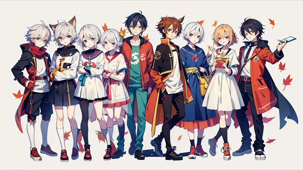 Group of anime characters standing side by side, cute art style, 🍁 cute, Official fan art, Each wore period correct clothing., flat style anime, High quality fan art, cute anime style, 2 0 2 4 anime style, Anime style 2024, The story of Maple Style, JRPG Fashion, Anime in fantasy style, cute boys, Anime style illustrations