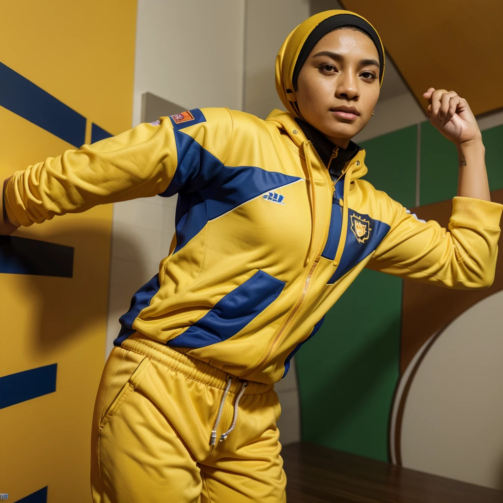 Hyper 4k, highres, masterpiece, high quality, detail realistic, photorealistic, semi-realistic, potrait,
Caricature 3D, 3D Animation, malay male, hijab female, standing, wearing sport attire for olympic, yellow colour with tiger strip design, facing camera, malaysia badge, studio photoshoot,
