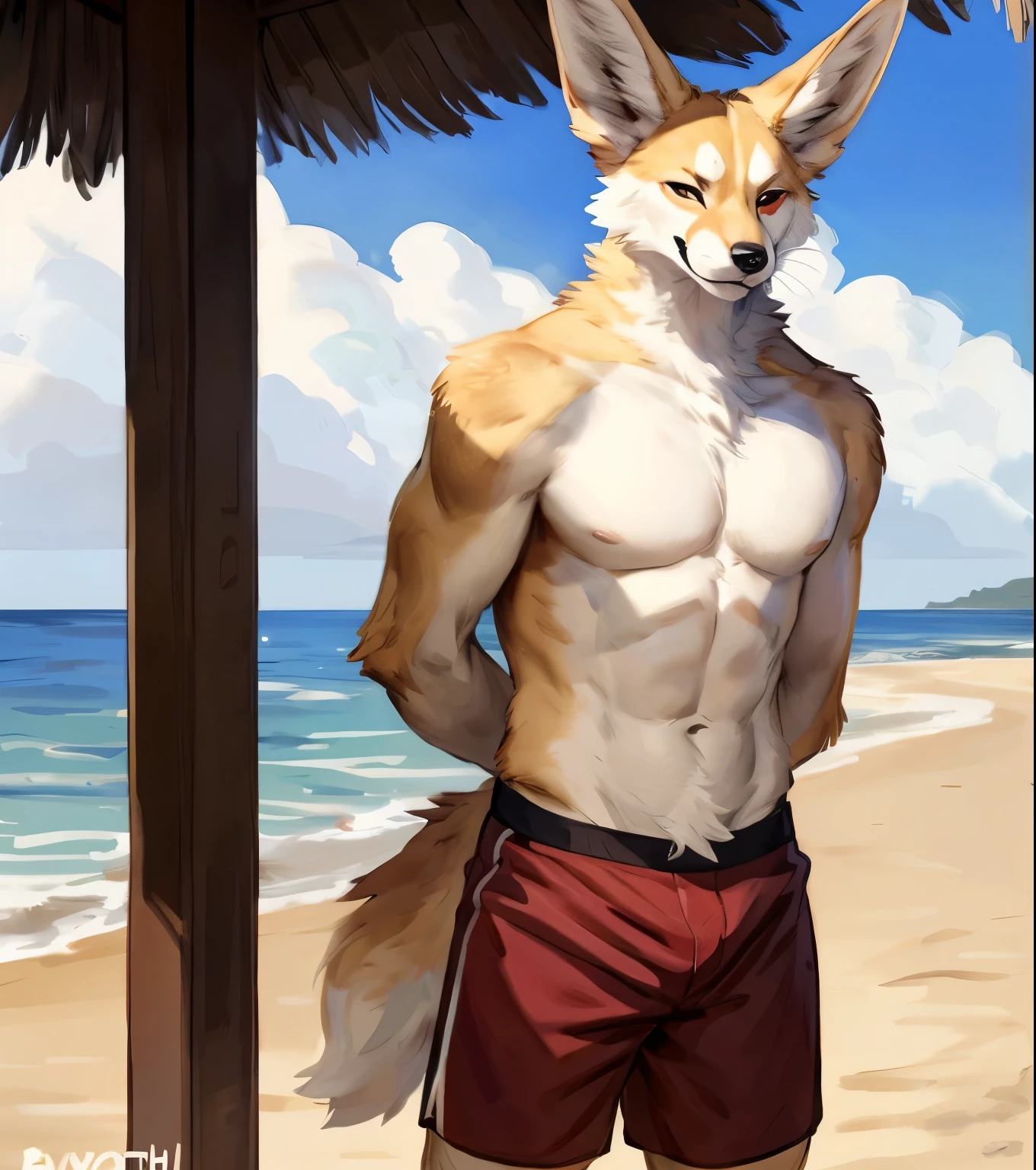 (solo,furry,anthro,hyper realistic), male, standing, smirk, smug, looking away, head tilt, hands behind back, wearing ((dark red)) boxer shorts, muscular body, realistic fur, Fennec, beach, blurred background, by bebebebebe:1.2, by buta99, by foxovh, by ruan jia