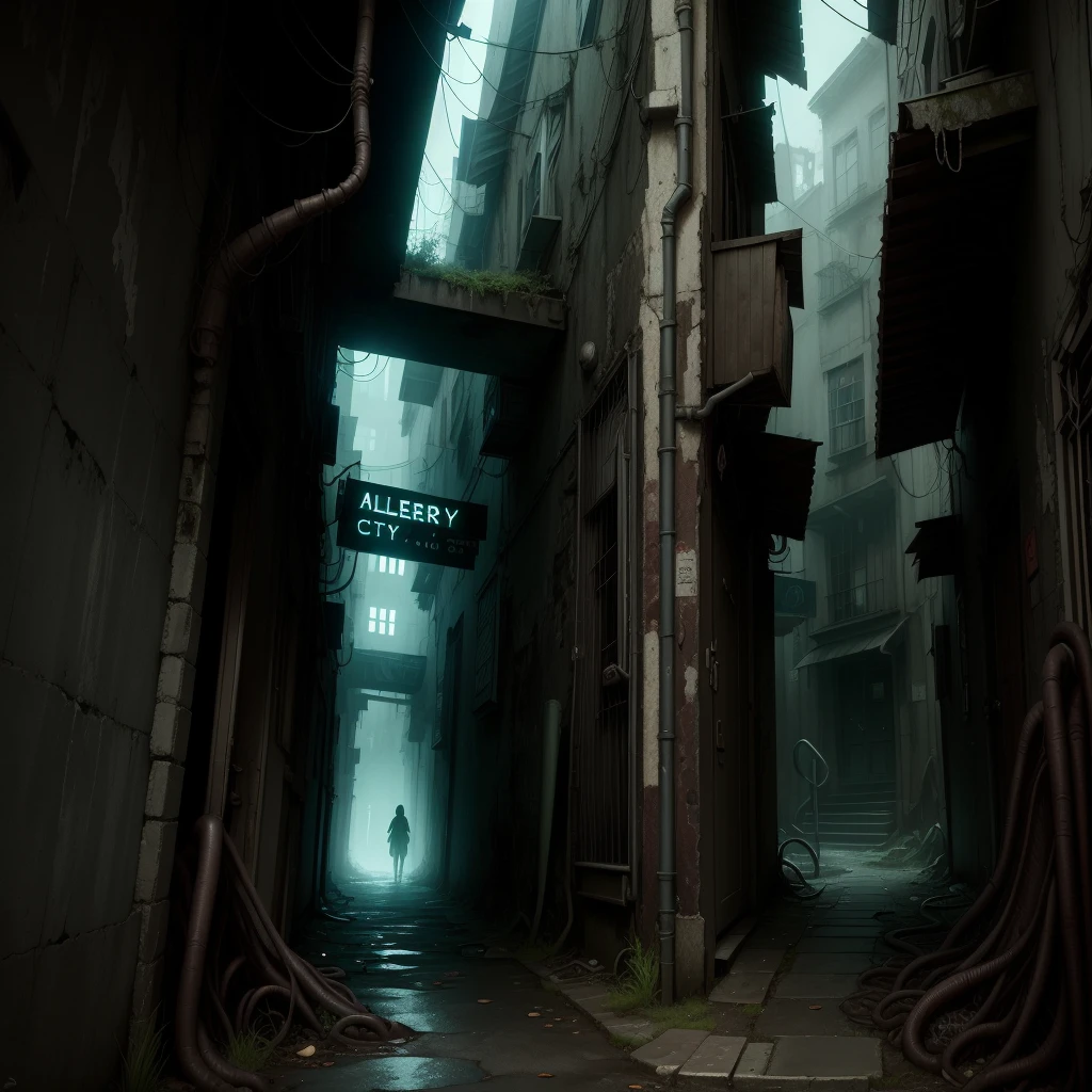 eerie , no humans, dreadtech , disturbing, scifi, ManyEyedHorrorAI, ,city,( alleyway with eyes:1.2)