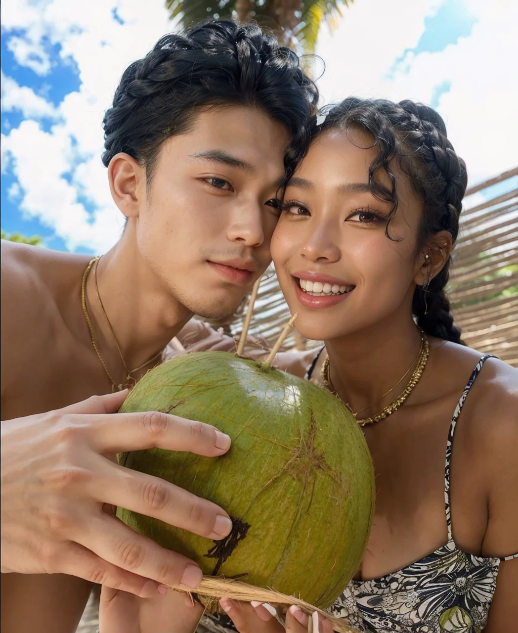 An Asian man with black, wavy hair messy and flying with a pout on his lips and a black woman smiling with the coconut straw they are holding and braids in her hair