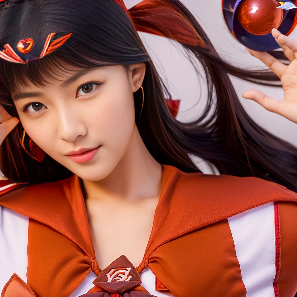 Highest quality, masterpiece, Ultra high resolution and extremely detailed, 8K, beautiful Japanese woman:1.5, Small face, (Detailed glamorous red Sailor Mars costume:1.5), Breast Augmentation Surgery, Highly detailed smelly armpits、 Dynamic Angle